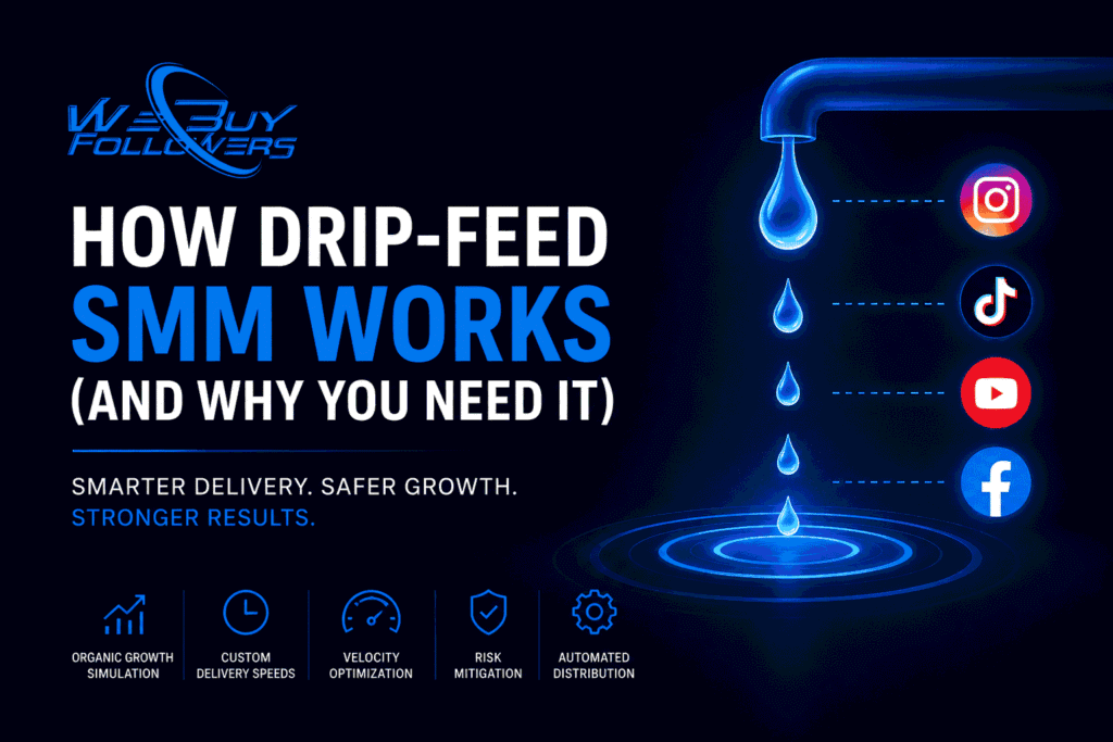 Professional featured image illustrating drip-feed social media marketing, gradual engagement delivery, sustainable growth strategies, and automated audience development.