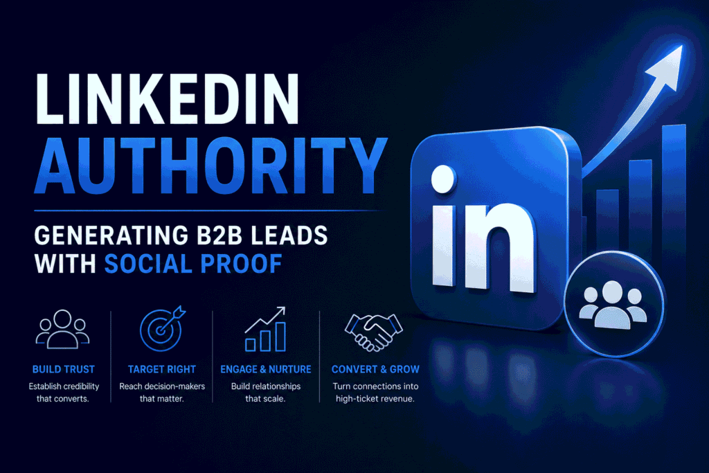 Professional featured image showing LinkedIn authority building, B2B lead generation, social proof, executive networking, and business growth strategies.