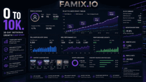 Instagram follower growth case study dashboard showing progression from 0 to 10000 followers over 30 days with growth timeline, retention tracking, profile visits, reel performance, and content analytics