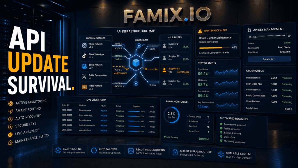 API infrastructure dashboard showing service maintenance, smart routing, backup systems, and order processing for social media marketing platforms