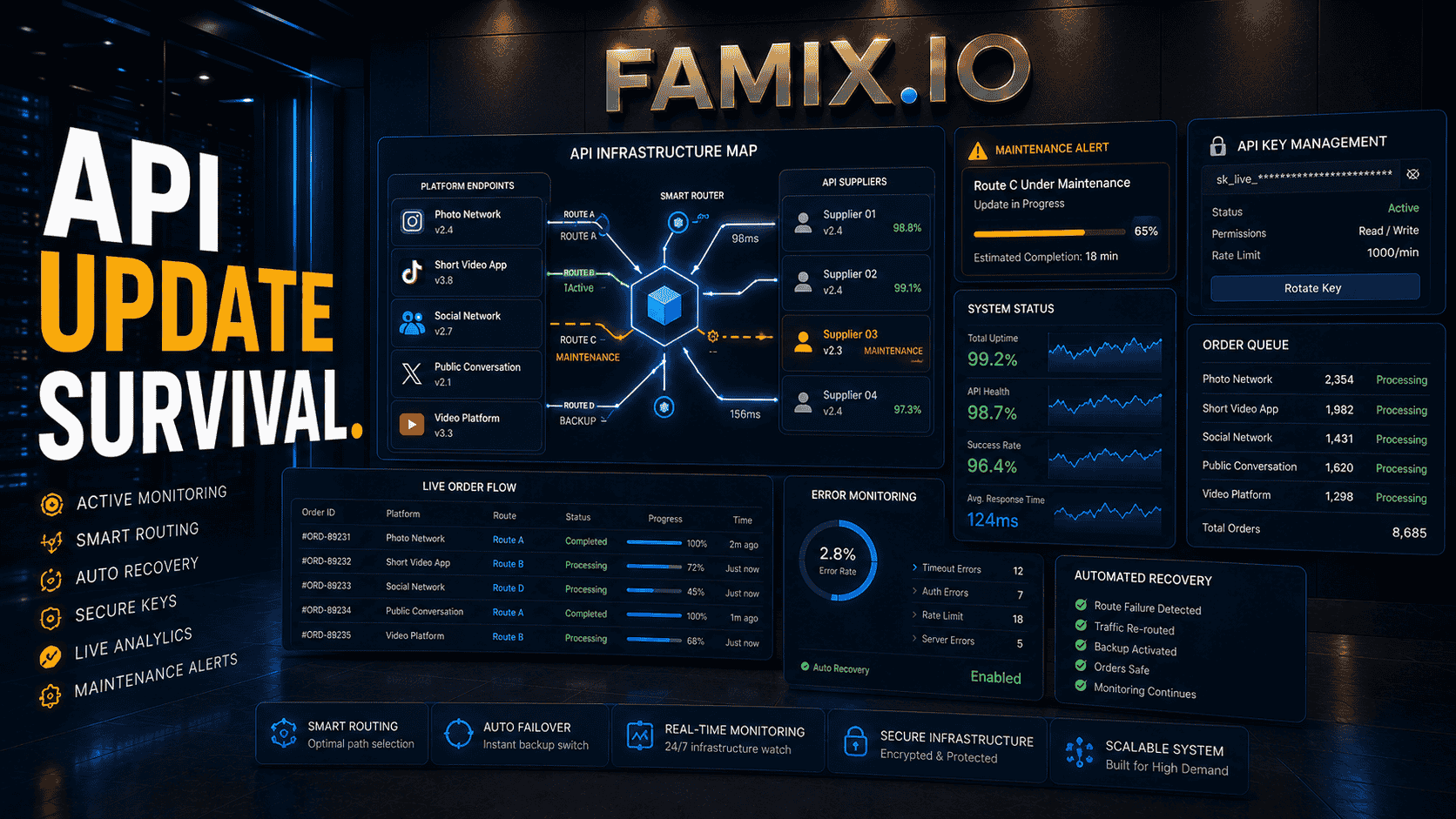 API infrastructure dashboard showing service maintenance, smart routing, backup systems, and order processing for social media marketing platforms