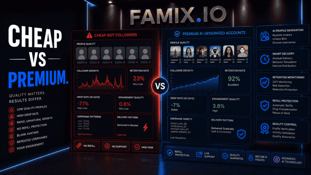 Comparison dashboard showing differences between cheap bot followers and premium AI generated social accounts with profile quality, delivery patterns, retention monitoring, and engagement metrics.