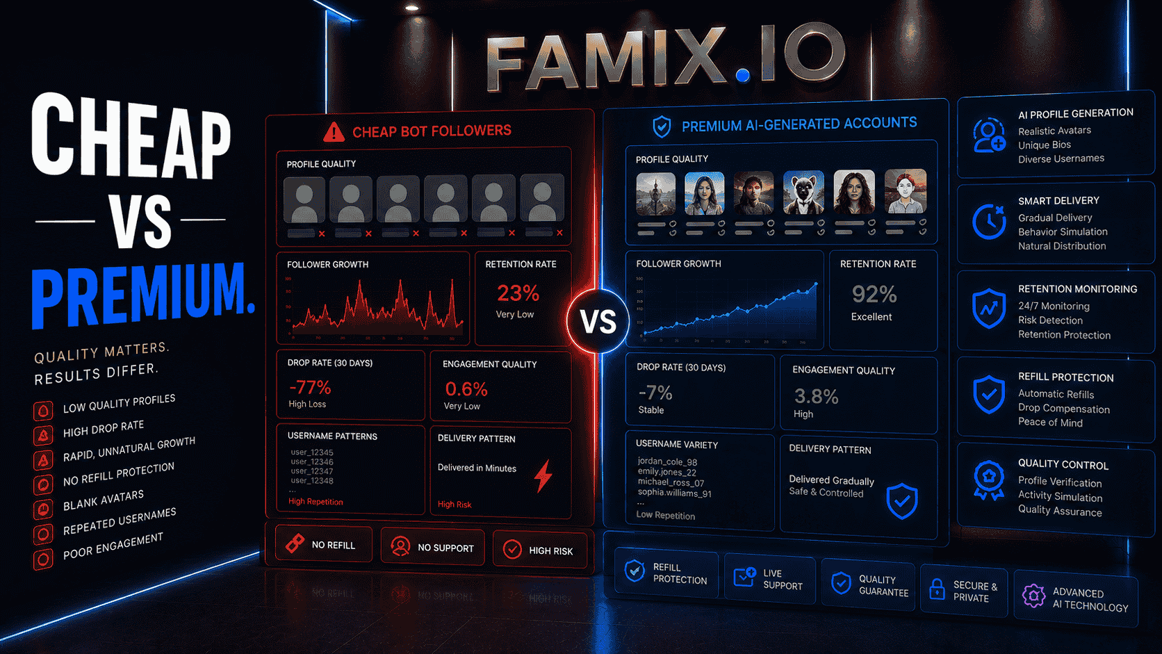 Comparison dashboard showing differences between cheap bot followers and premium AI generated social accounts with profile quality, delivery patterns, retention monitoring, and engagement metrics.