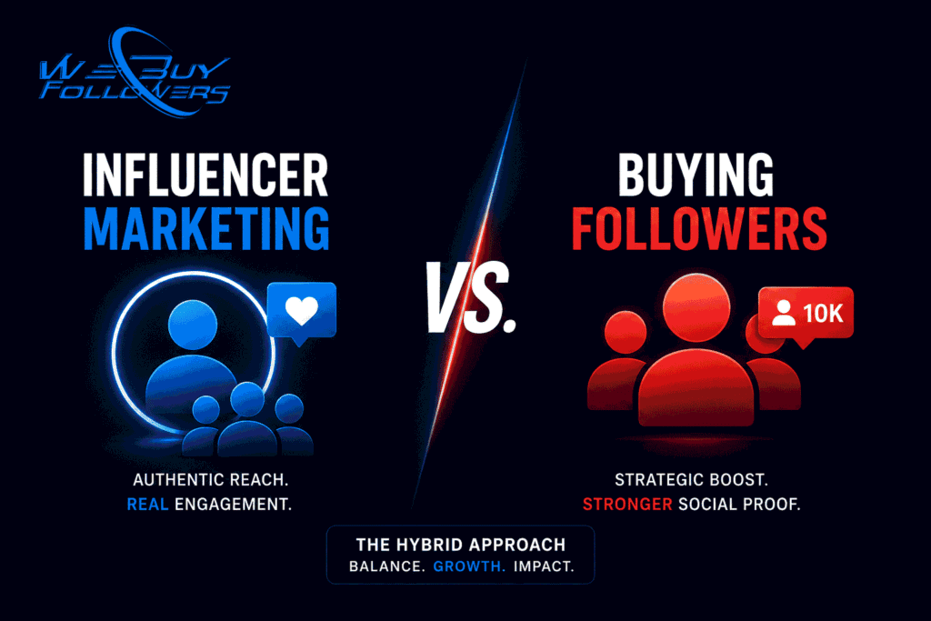 Professional featured image comparing influencer marketing and follower growth strategies, social proof development, audience expansion, brand credibility, and hybrid digital marketing approaches.