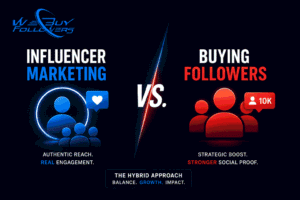 Professional featured image comparing influencer marketing and follower growth strategies, social proof development, audience expansion, brand credibility, and hybrid digital marketing approaches.