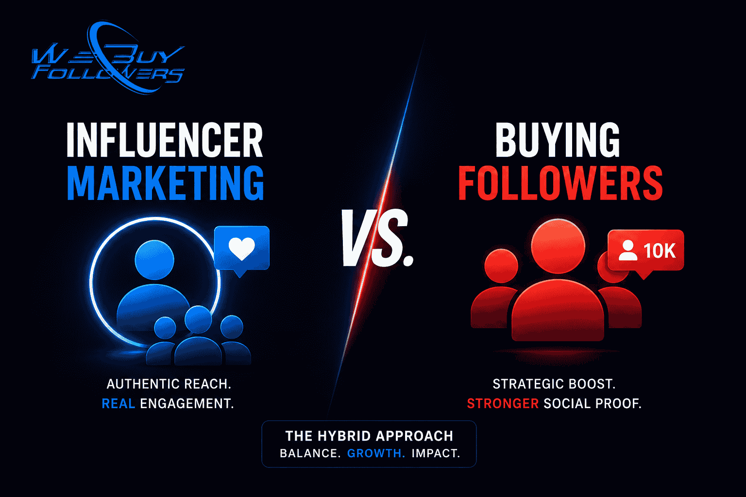 Professional featured image comparing influencer marketing and follower growth strategies, social proof development, audience expansion, brand credibility, and hybrid digital marketing approaches.