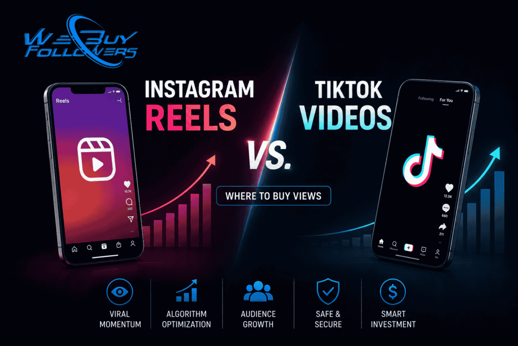 Professional featured image comparing Instagram Reels and TikTok growth strategies, video view optimization, viral content performance, audience expansion, and short-form video marketing.