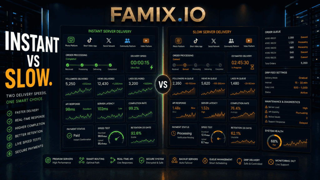 High-tech SMM delivery dashboard comparing instant and slow server performance with order processing, API response times, delivery speed, latency, queues, and retention monitoring.