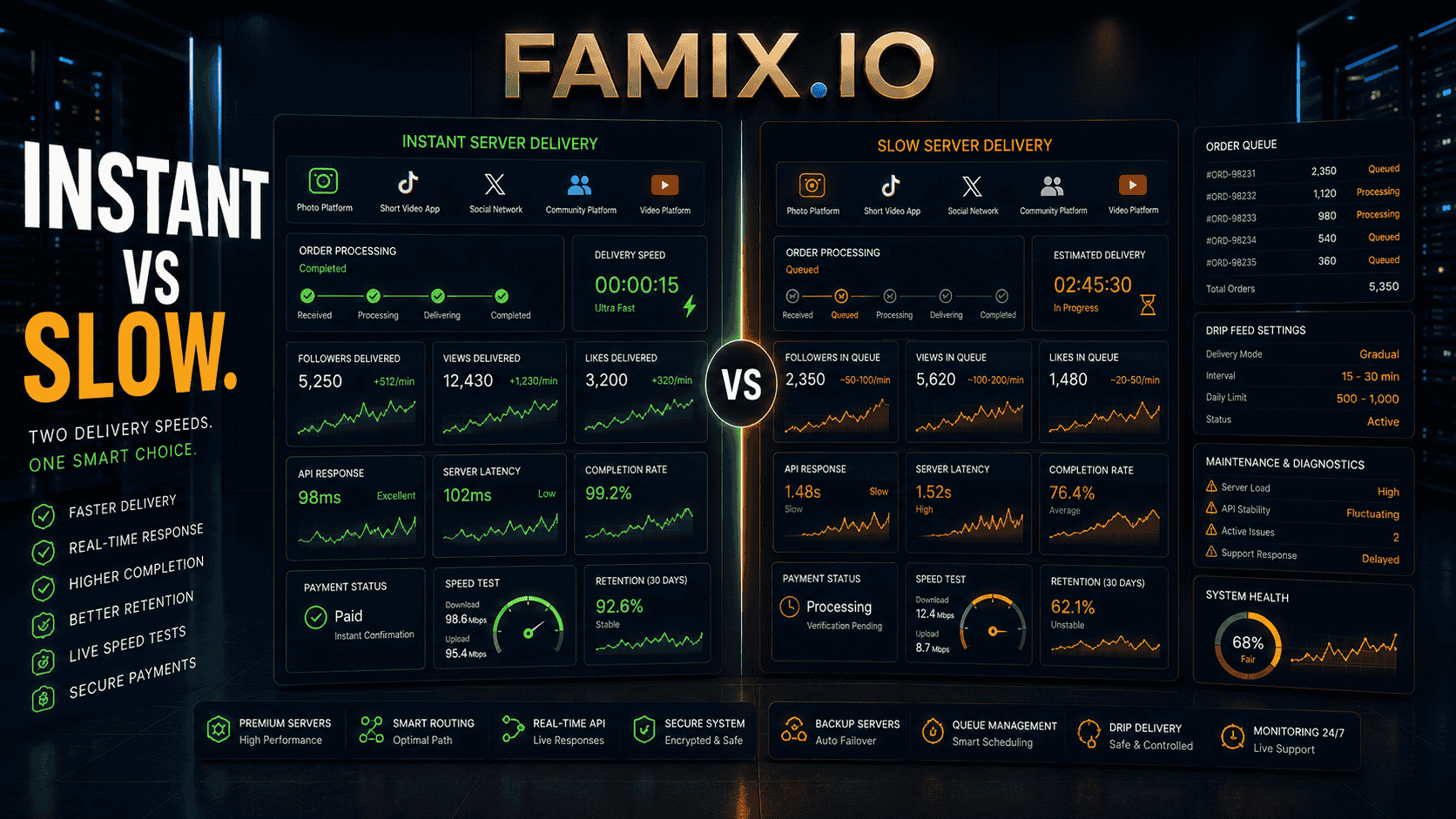High-tech SMM delivery dashboard comparing instant and slow server performance with order processing, API response times, delivery speed, latency, queues, and retention monitoring.