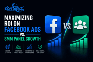 Professional comparison of Facebook advertising and SMM panel growth strategies, highlighting social proof, audience expansion, lower acquisition costs, and digital marketing ROI optimization.