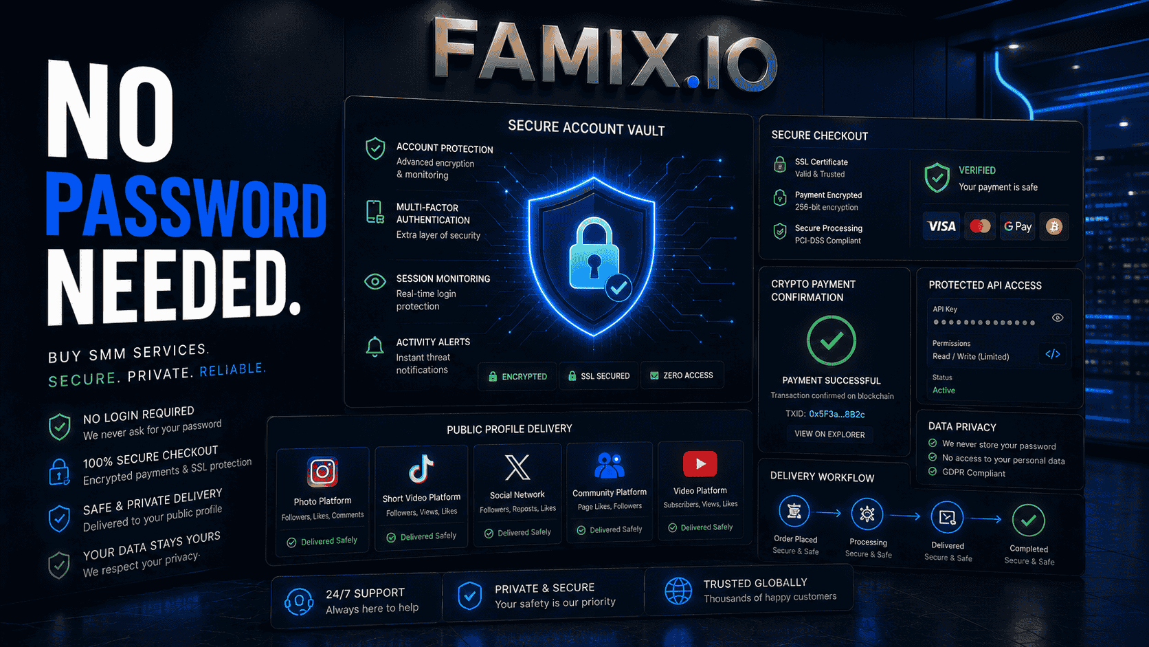 Cybersecurity dashboard showing secure social media service delivery without passwords, protected checkout, encrypted payments, public profile delivery, account privacy, and Famix security features.