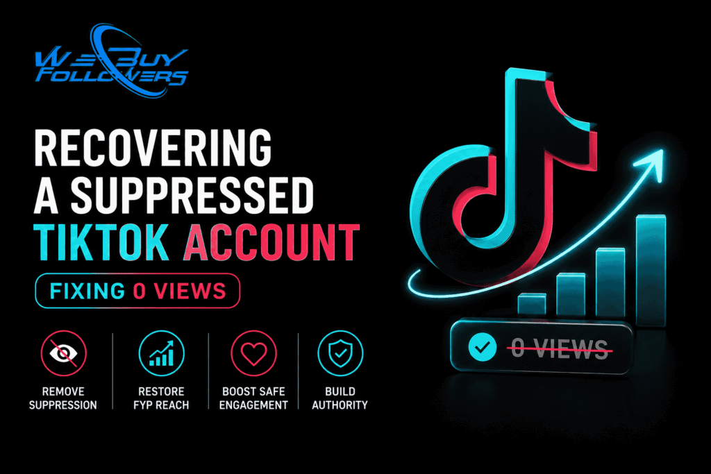 Professional TikTok account recovery illustration showing suppressed reach restoration, FYP visibility recovery, engagement growth, and algorithm optimization strategies.