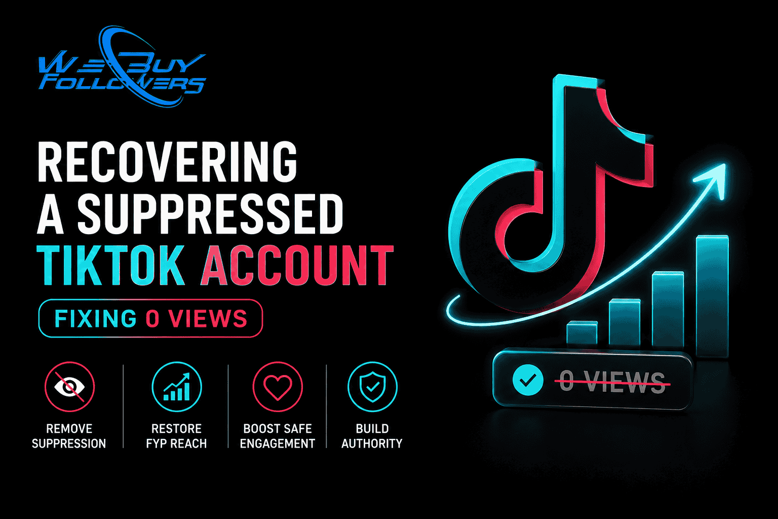 Professional TikTok account recovery illustration showing suppressed reach restoration, FYP visibility recovery, engagement growth, and algorithm optimization strategies.