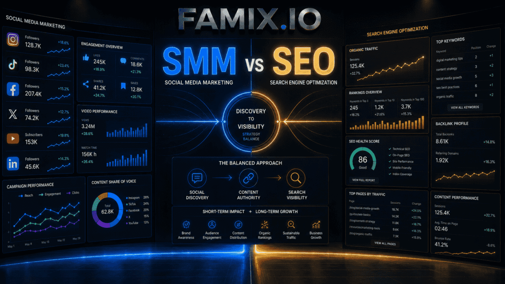 Digital marketing dashboard comparing social media marketing and SEO with analytics, search rankings, engagement metrics, and growth data