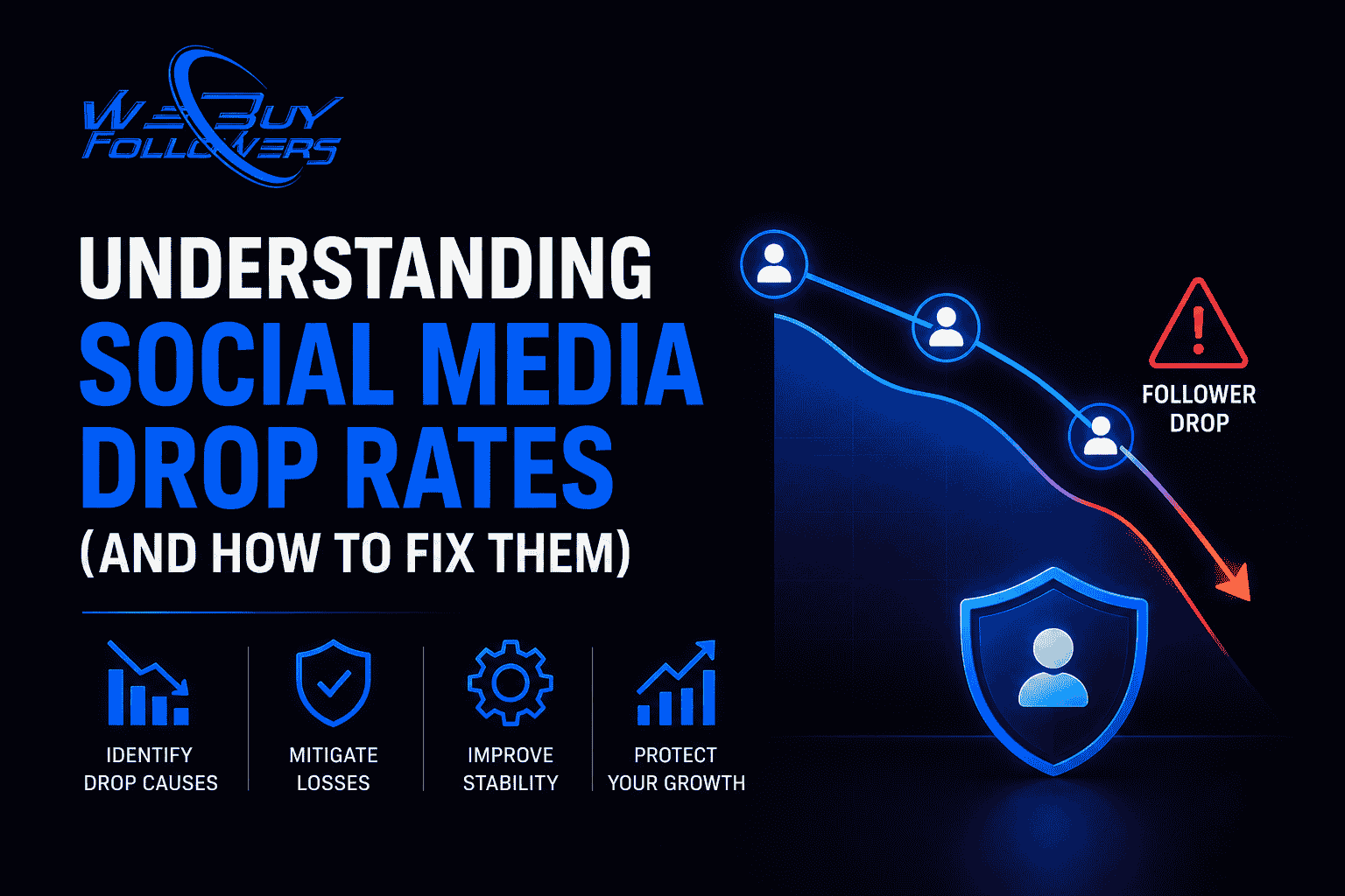 Professional featured image showing social media drop rate analysis, audience retention strategies, follower stability, digital asset protection, and long-term growth management.