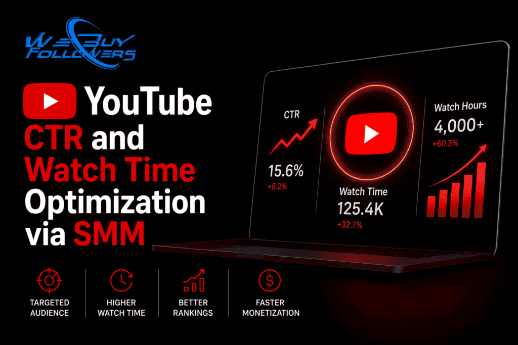 Professional YouTube growth analytics dashboard showing CTR improvement, watch time optimization, audience retention metrics, channel monetization growth, and data-driven video ranking strategy.