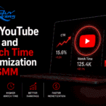 Professional YouTube growth analytics dashboard showing CTR improvement, watch time optimization, audience retention metrics, channel monetization growth, and data-driven video ranking strategy.