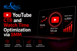 Professional YouTube growth analytics dashboard showing CTR improvement, watch time optimization, audience retention metrics, channel monetization growth, and data-driven video ranking strategy.