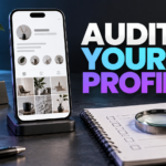 Illustrated Instagram profile audit setup with a phone, checklist, magnifying glass and Famix branding