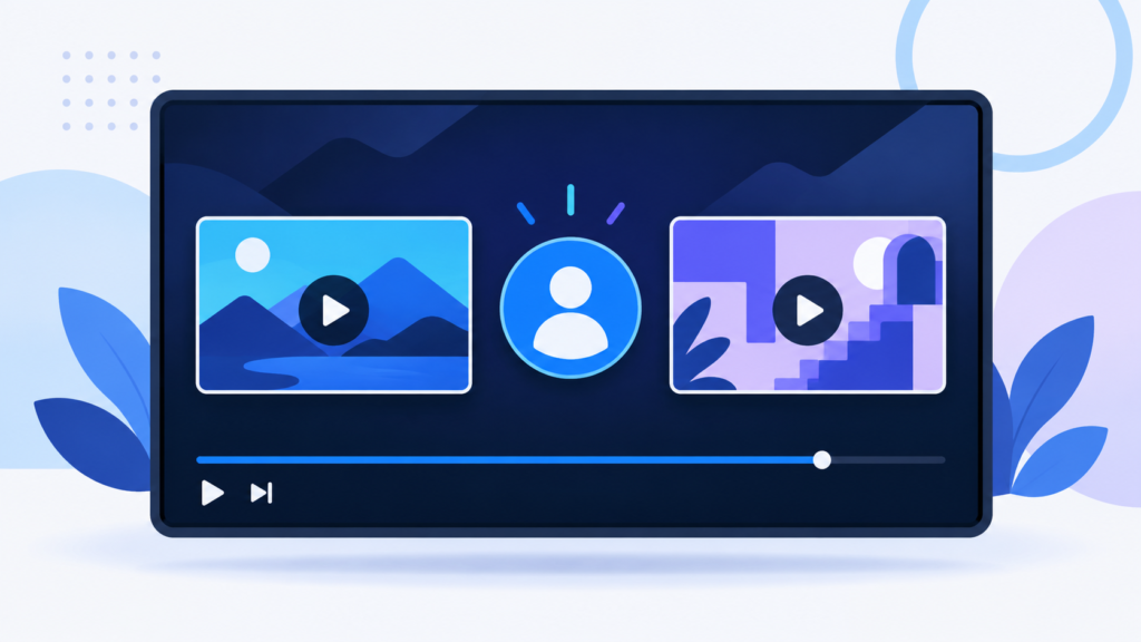 Illustrated video end screen with two next-video cards and a circular subscribe element.