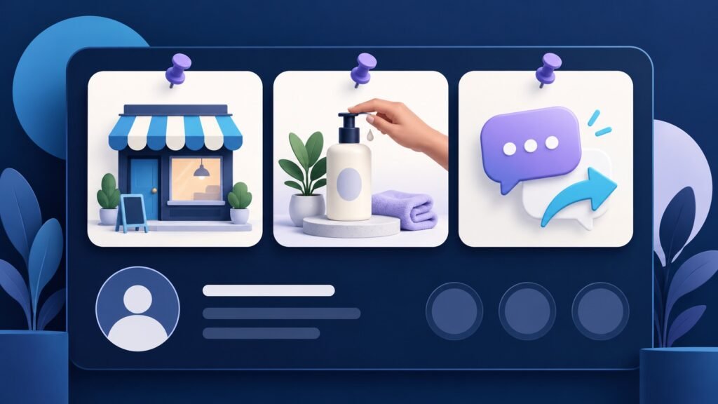 Three pinned post cards illustrating a storefront, product demonstration and customer conversation.