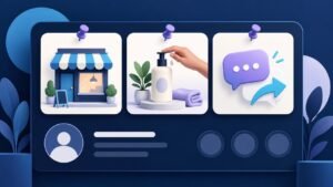Three pinned post cards illustrating a storefront, product demonstration and customer conversation.