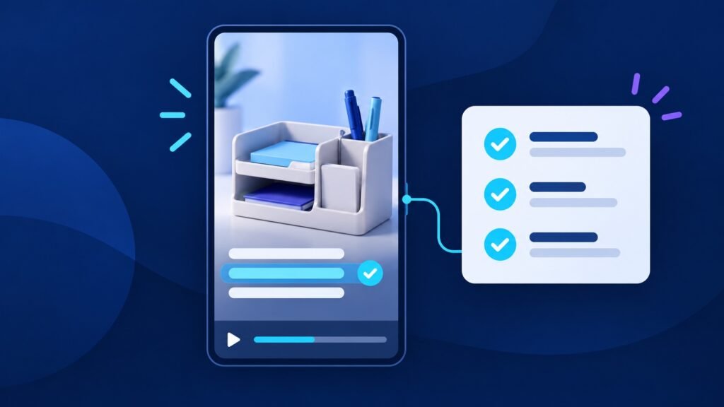 Illustrated product video with caption lines and a proofreading checklist