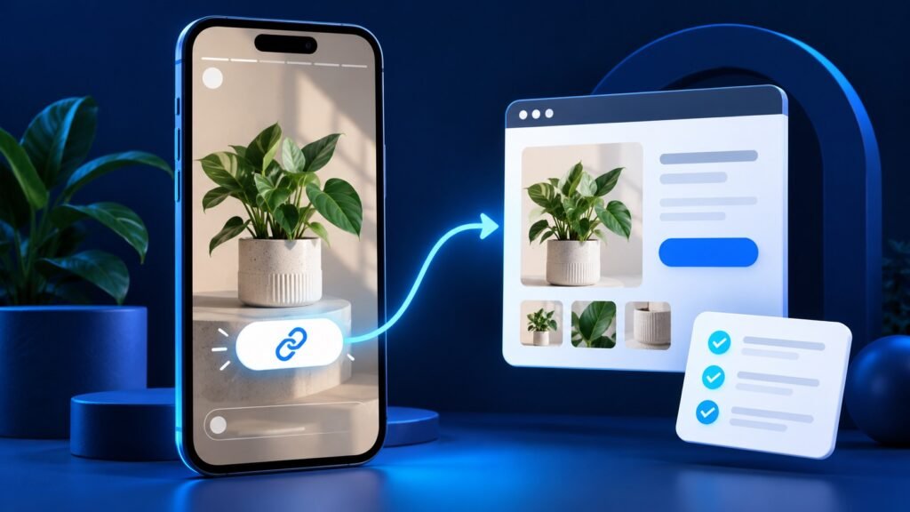 Illustration of a Story link connecting a mobile post to a business website