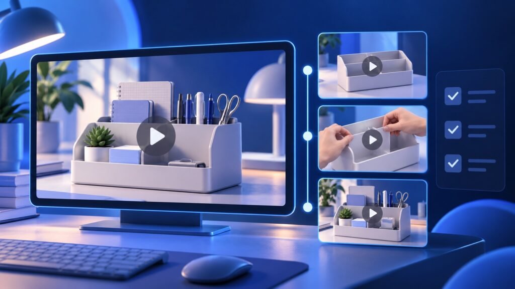 Illustration of three ordered product demonstration videos forming a YouTube playlist