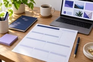 Campaign planning worksheet, notebook and laptop arranged on a desk in natural light.