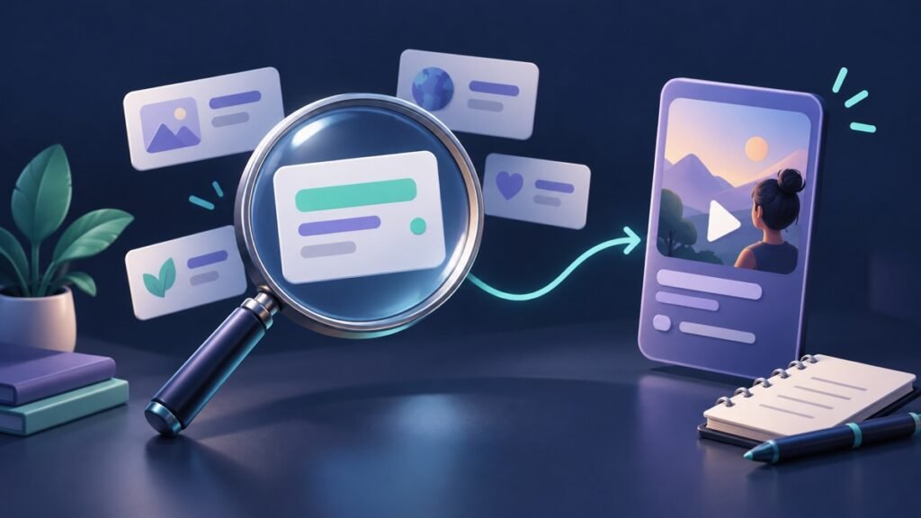 A magnifying glass connects search topic cards with a vertical video planning card.