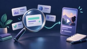 A magnifying glass connects search topic cards with a vertical video planning card.