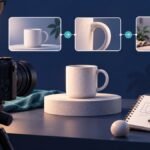 A camera films a ceramic mug beside three connected product demonstration storyboard cards.