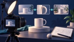 A camera films a ceramic mug beside three connected product demonstration storyboard cards.