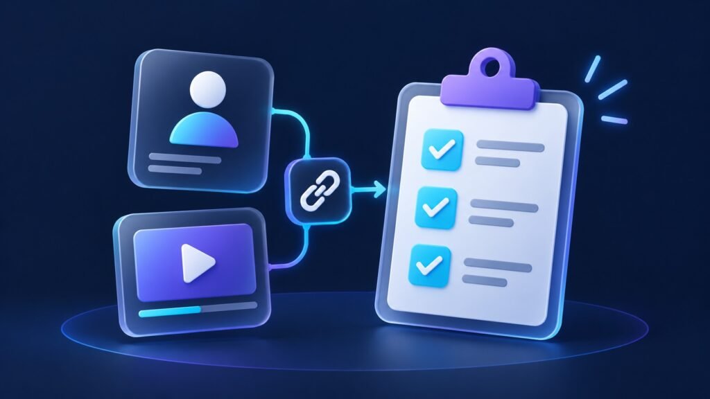 Profile and video cards linked to a checklist with three completed items.