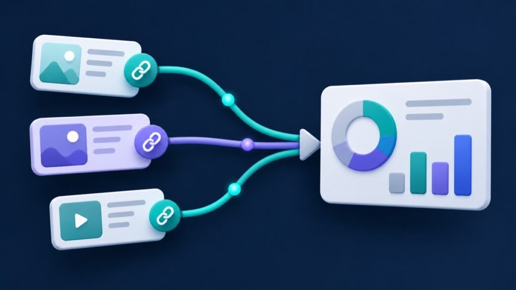 Campaign links from social posts connect to an analytics dashboard.