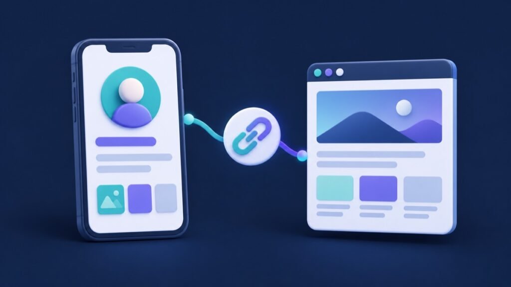 A phone profile connects through a website link to a browser page.