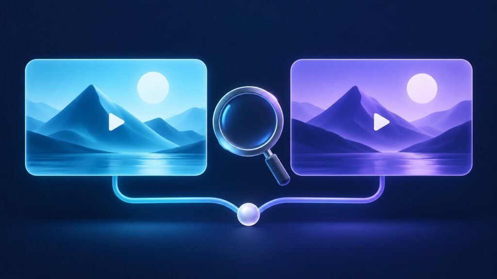 Two video thumbnail concepts connected for comparison, with a magnifying glass between them.