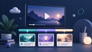 A widescreen video connects to a timeline divided into three distinct chapter sections.